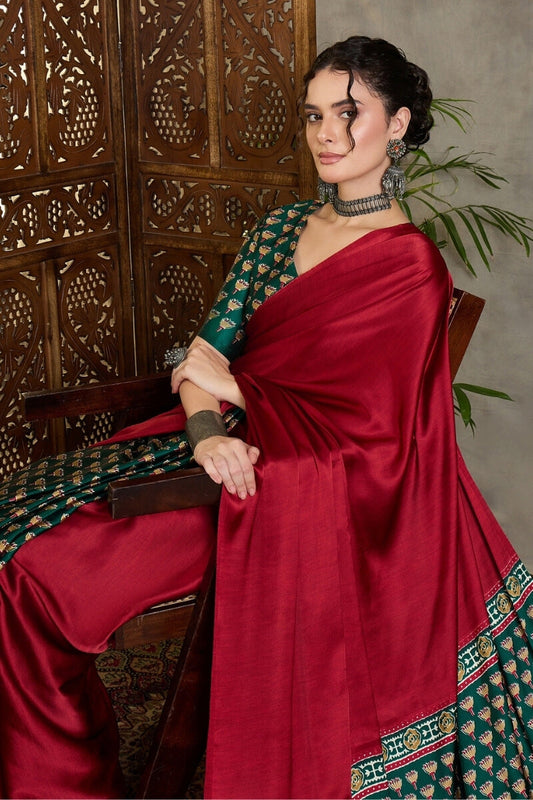 Mellifluous Red Ajrakh Printed Semi Modal Silk Saree With Moiety Blouse Piece