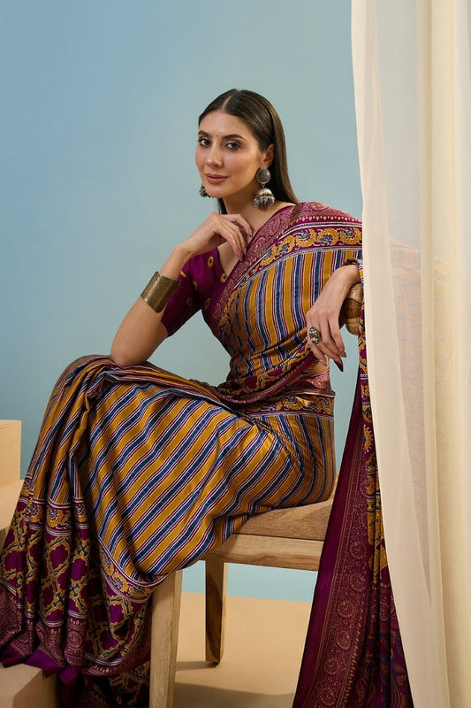 Intricate Yellow Ajrakh Printed Semi Modal Silk Saree With Comely Blouse Piece