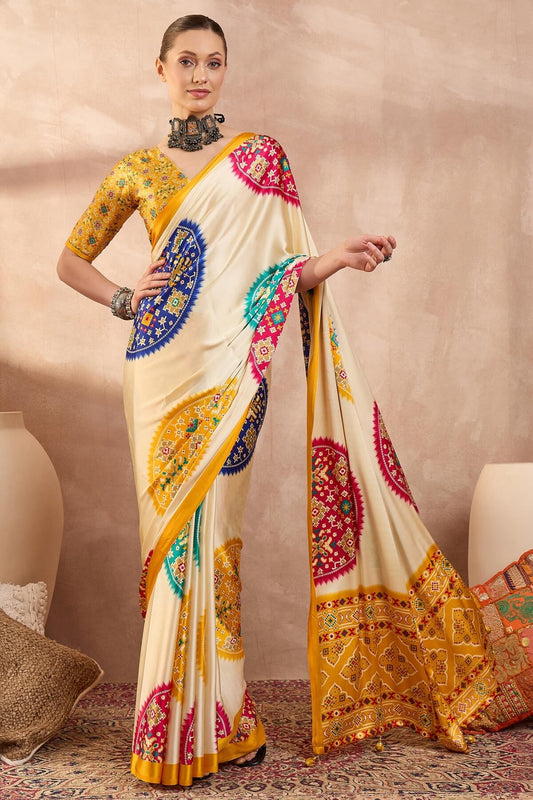 Ephemeral Beige Ajrakh Printed Semi Modal Silk Saree With Entrancing Blouse Piece