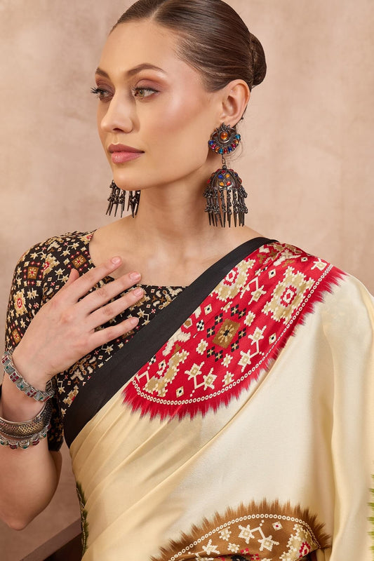 Fragrant Beige Ajrakh Printed Semi Modal Silk Saree With Majestic Blouse Piece