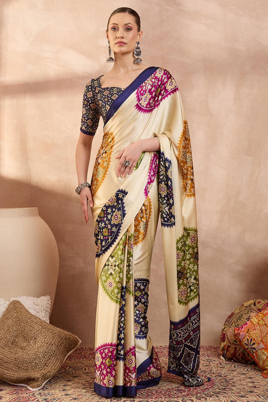Staring Beige Ajrakh Printed Semi Modal Silk Saree With Impressive Blouse Piece
