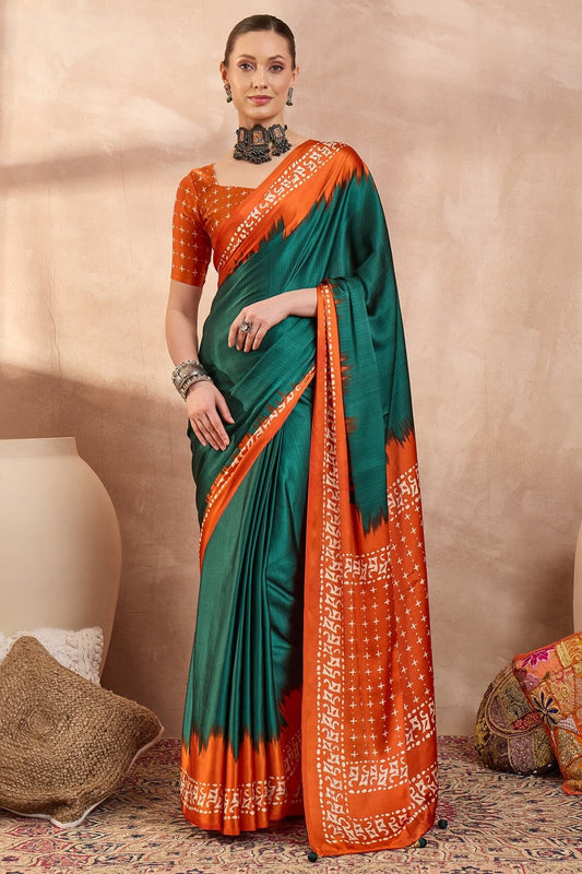 Rhapsody Rama Ajrakh Printed Semi Modal Silk Saree With Staggering Blouse Piece
