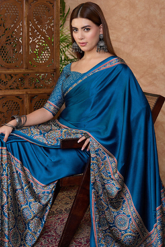 Delectable Rama Ajrakh Printed Semi Modal Silk Saree With Classic Blouse Piece