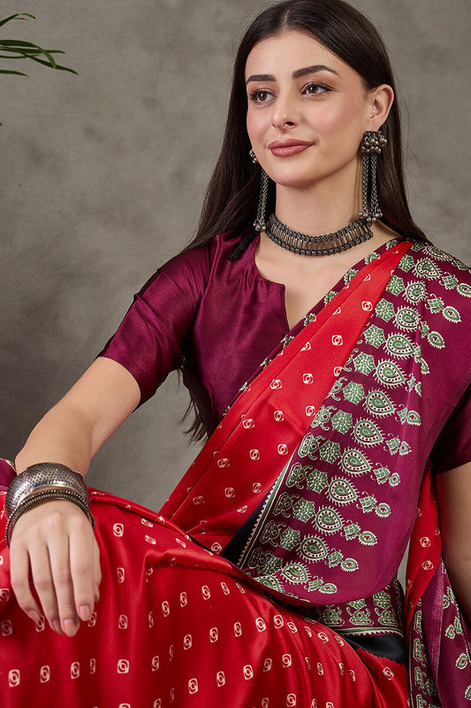 Eloquence Red Ajrakh Printed Semi Modal Silk Saree With Groovy Blouse Piece