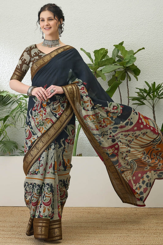 Excellent Black Kalamkari Printed Cotton Silk Saree With Trendy Blouse Piece
