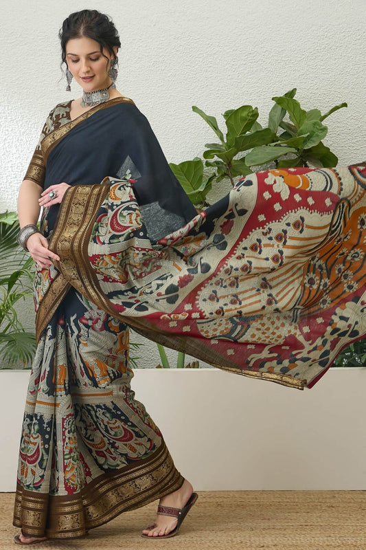 Excellent Black Kalamkari Printed Cotton Silk Saree With Trendy Blouse Piece