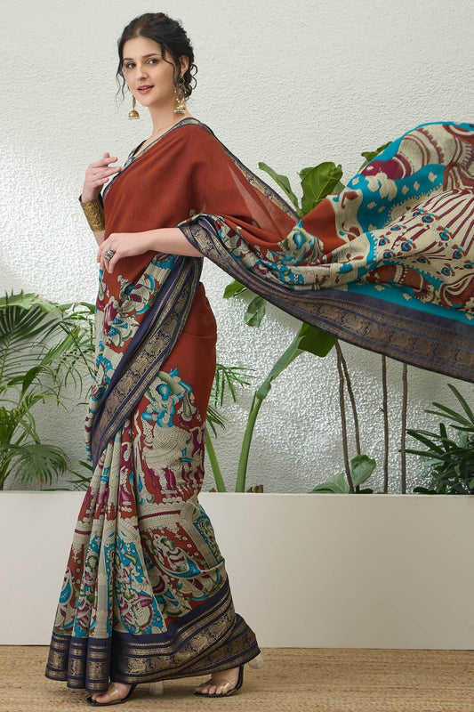 Assemblage Brown Kalamkari Printed Cotton Silk Saree With Vestigial Blouse Piece