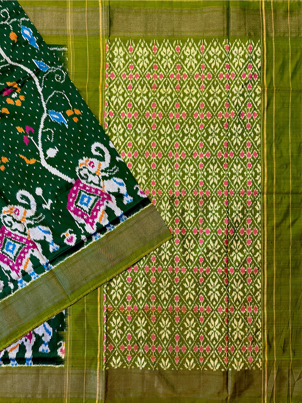Green Pochampally Pure Silk Handloom Saree in Patola Pattern with Elephant Motifs