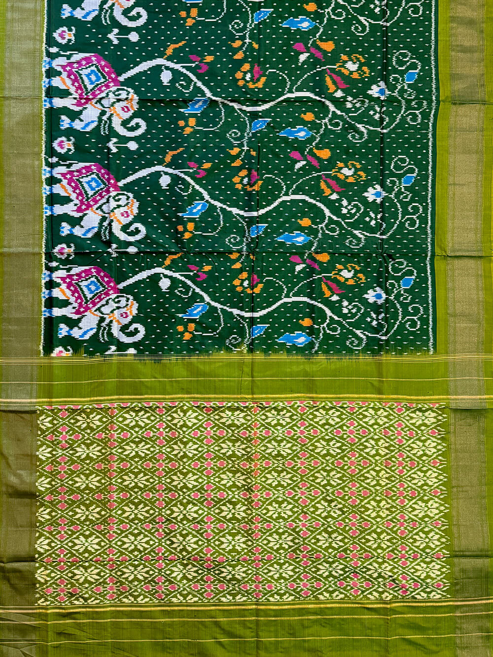 Green Pochampally Pure Silk Handloom Saree in Patola Pattern with Elephant Motifs