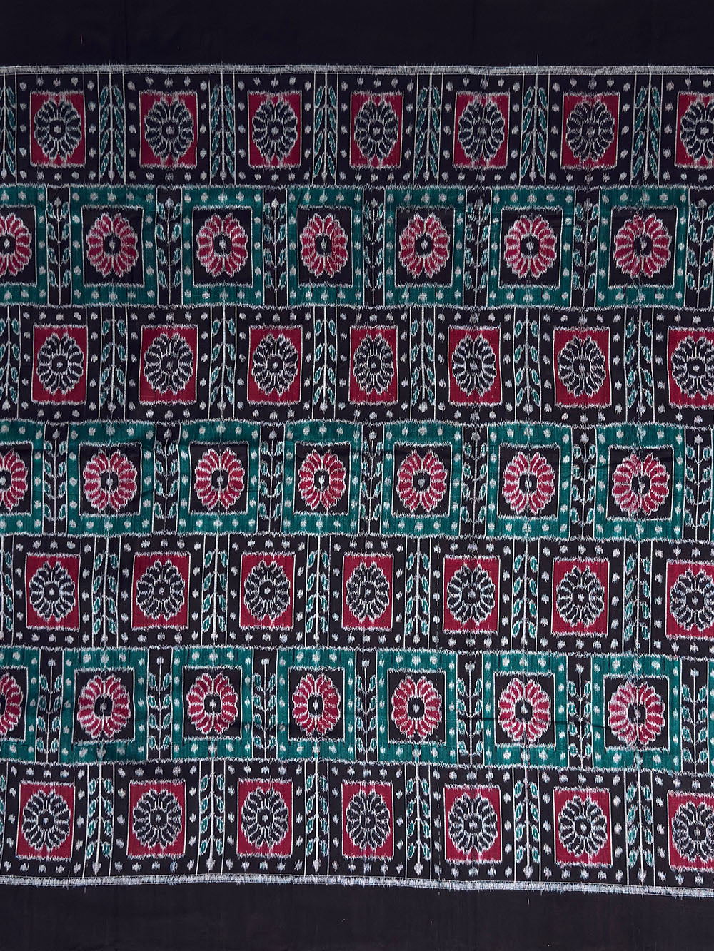 Green, Maroon and Black Sambalpuri Handloom Cotton Dress Material with Flower Motifs