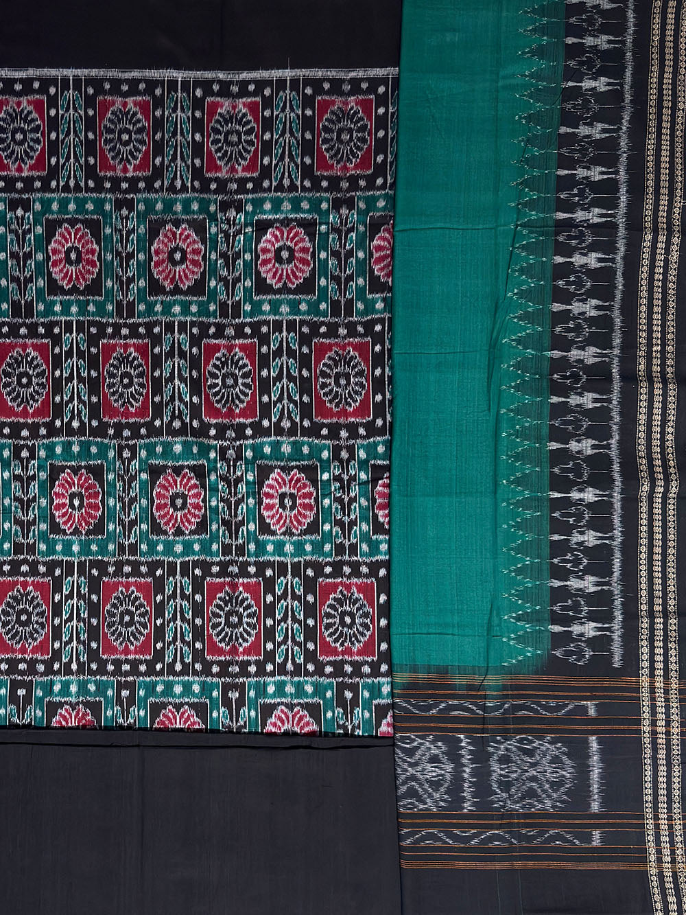 Green, Maroon and Black Sambalpuri Handloom Cotton Dress Material with Flower Motifs