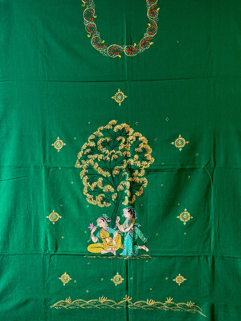 Green and Black Hand Painted Pattachitra Dress Material