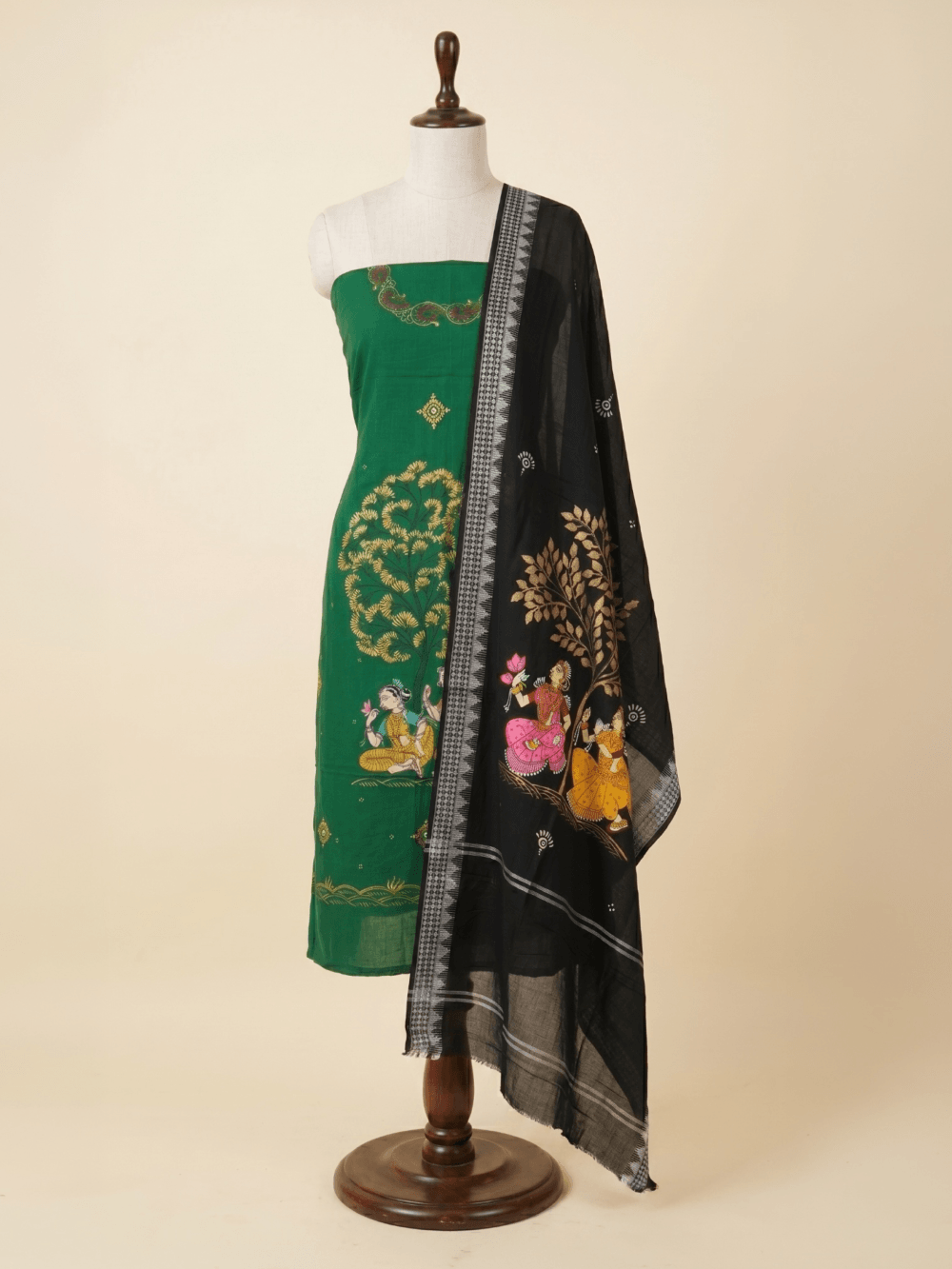 Green and Black Hand Painted Pattachitra Dress Material
