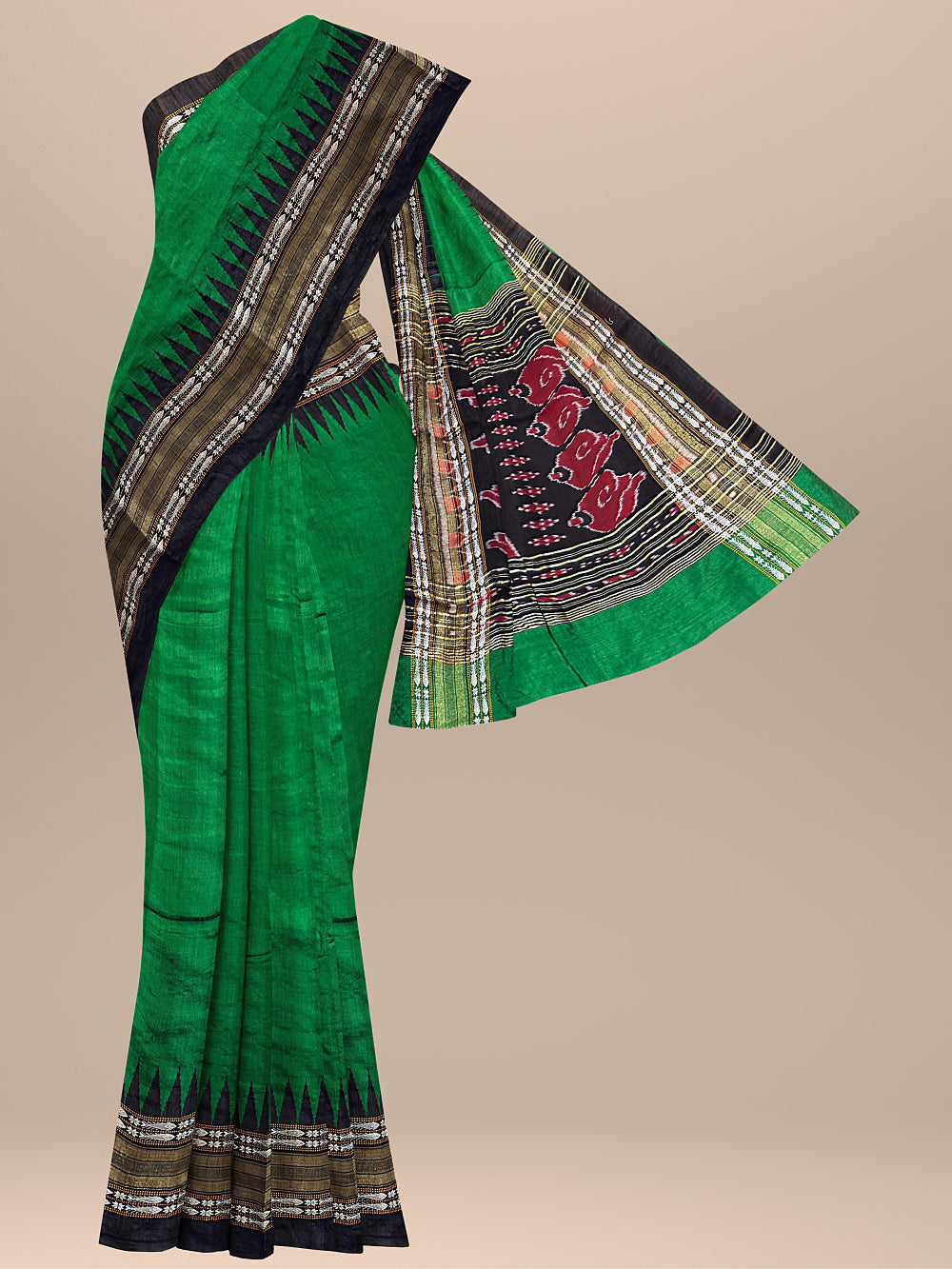 Green and Black Pure Raw Silk Handloom Saree with Vidharva Border