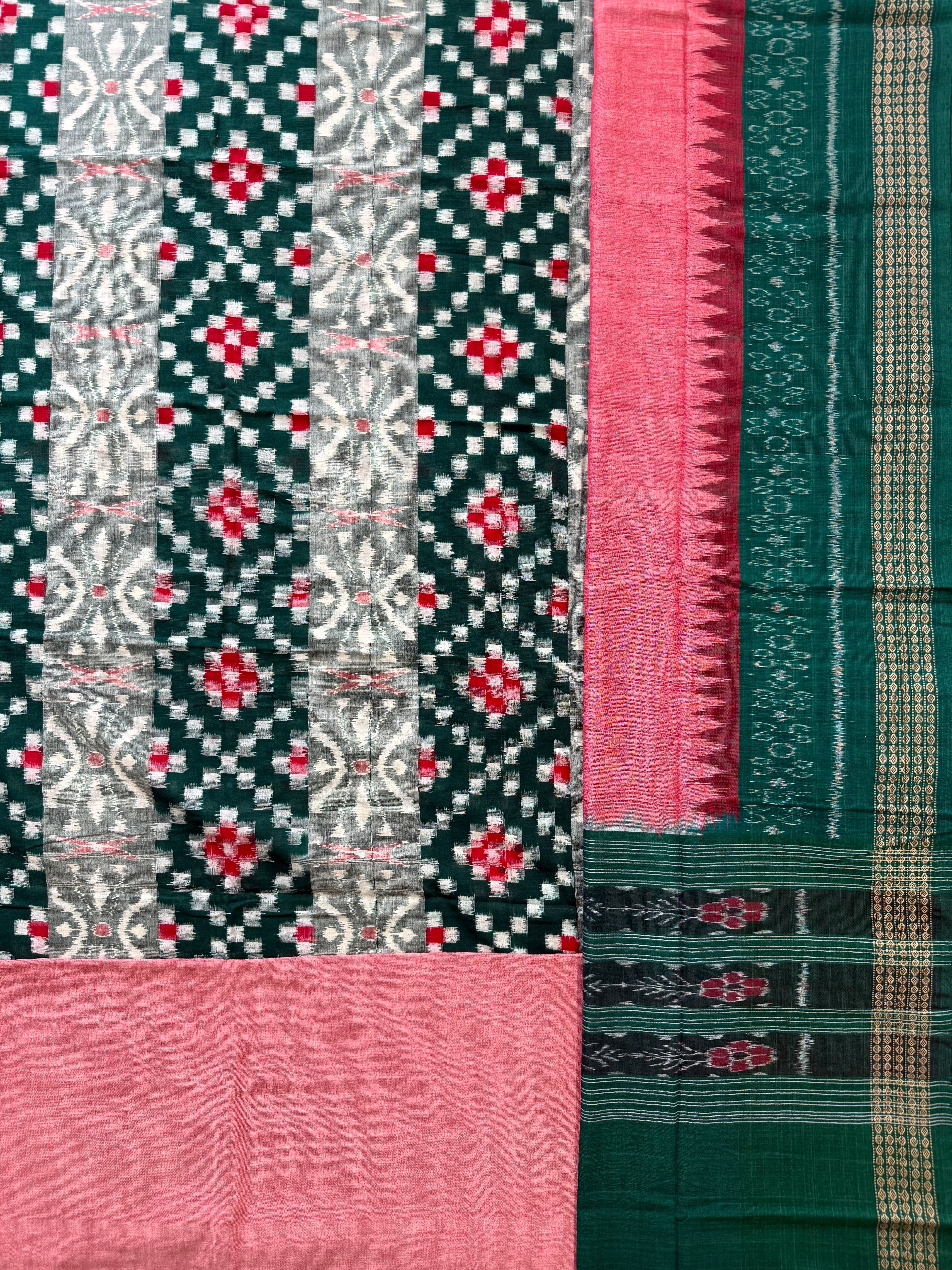 Green and Pink Sambalpuri Handloom Cotton Dress Material With Pasapalli Pattern