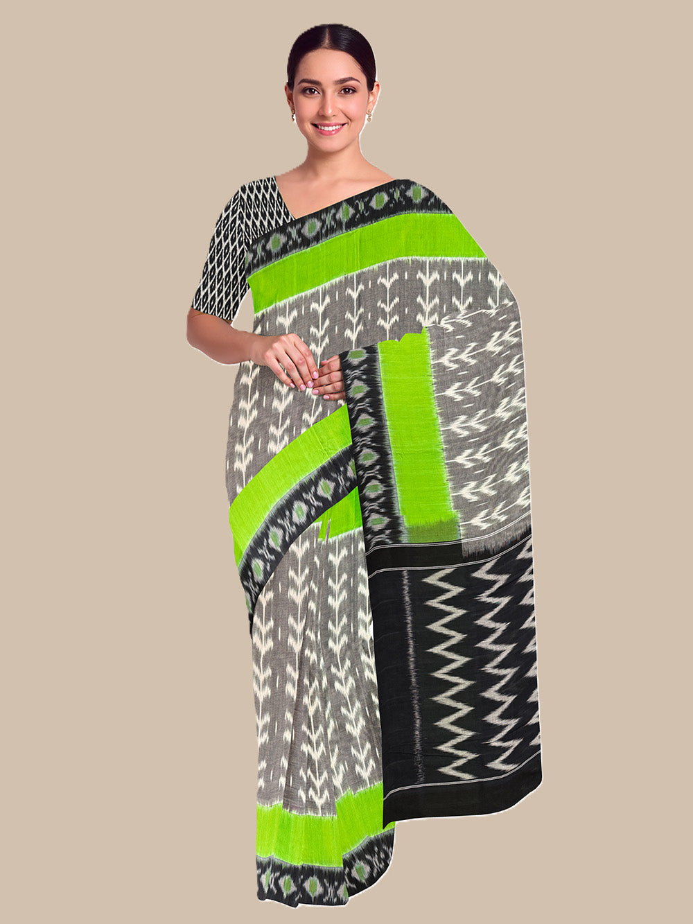 Grey, Black and Neon Green Pochampally Mercerised Cotton Handloom Saree in Ikkat Pattern