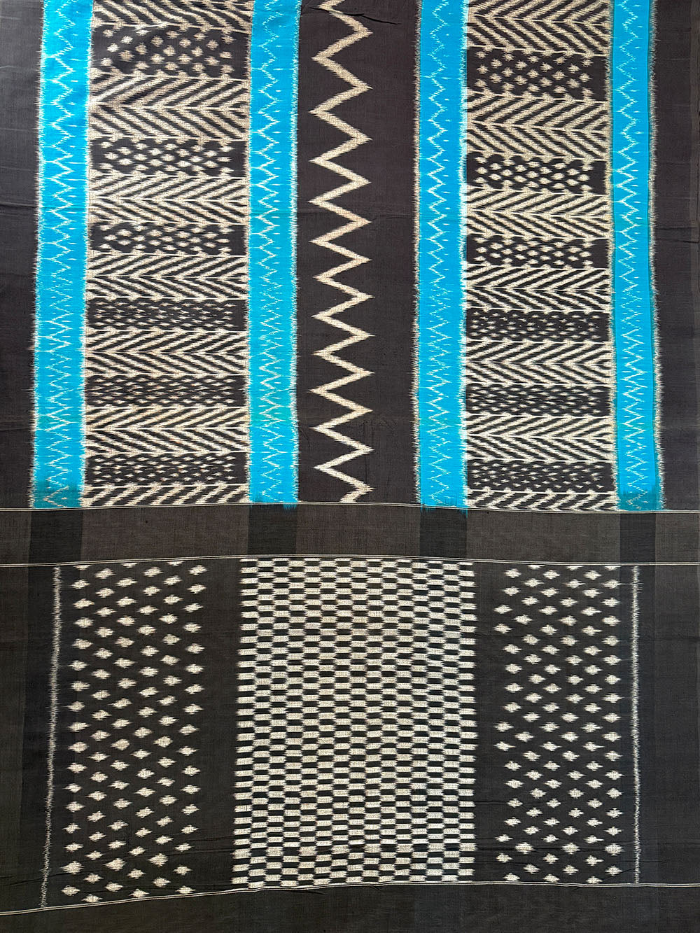 Grey, Black and Turquoise Blue Pochampally Mercerised Cotton Handloom Saree in Ikkat Pattern