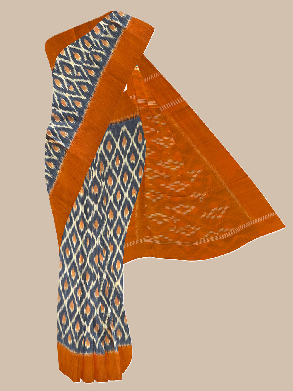 Grey and Mustard Yellow Pochampally Mercerised Cotton Handloom Saree in Ikkat Pattern