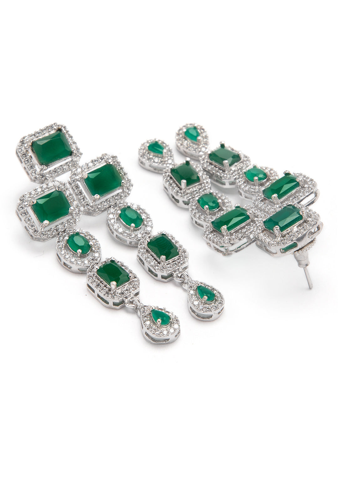 Wentra Luxury Silver-Plated Green Stone Studded Emerald Handcrafted Statement Necklace Set