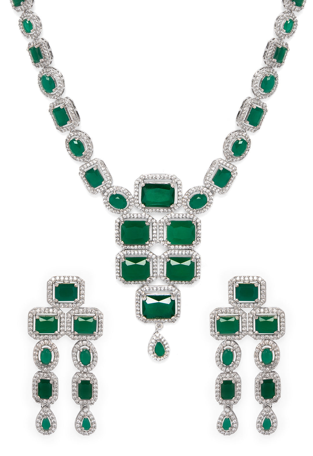 Wentra Luxury Silver-Plated Green Stone Studded Emerald Handcrafted Statement Necklace Set