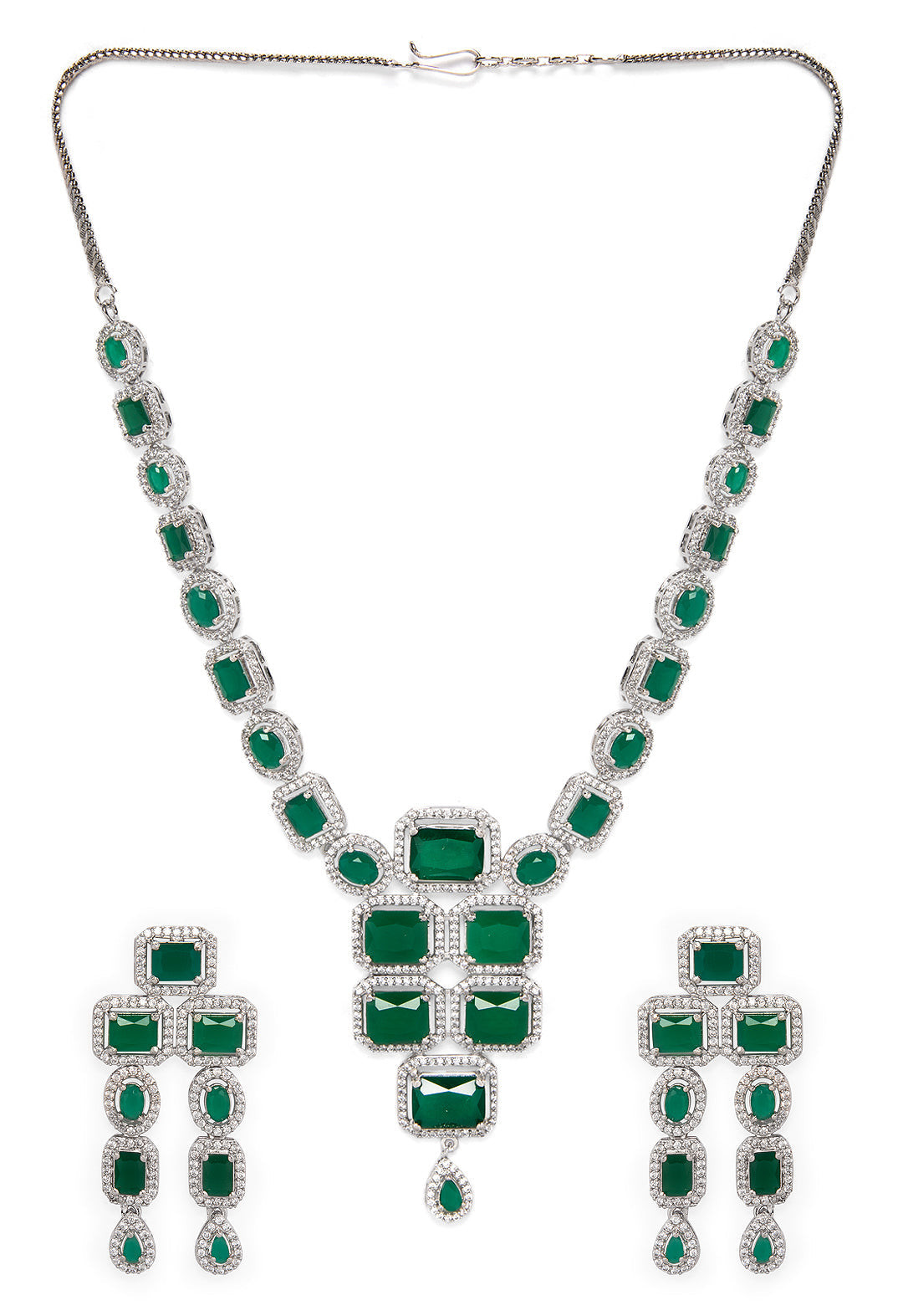 Wentra Luxury Silver-Plated Green Stone Studded Emerald Handcrafted Statement Necklace Set