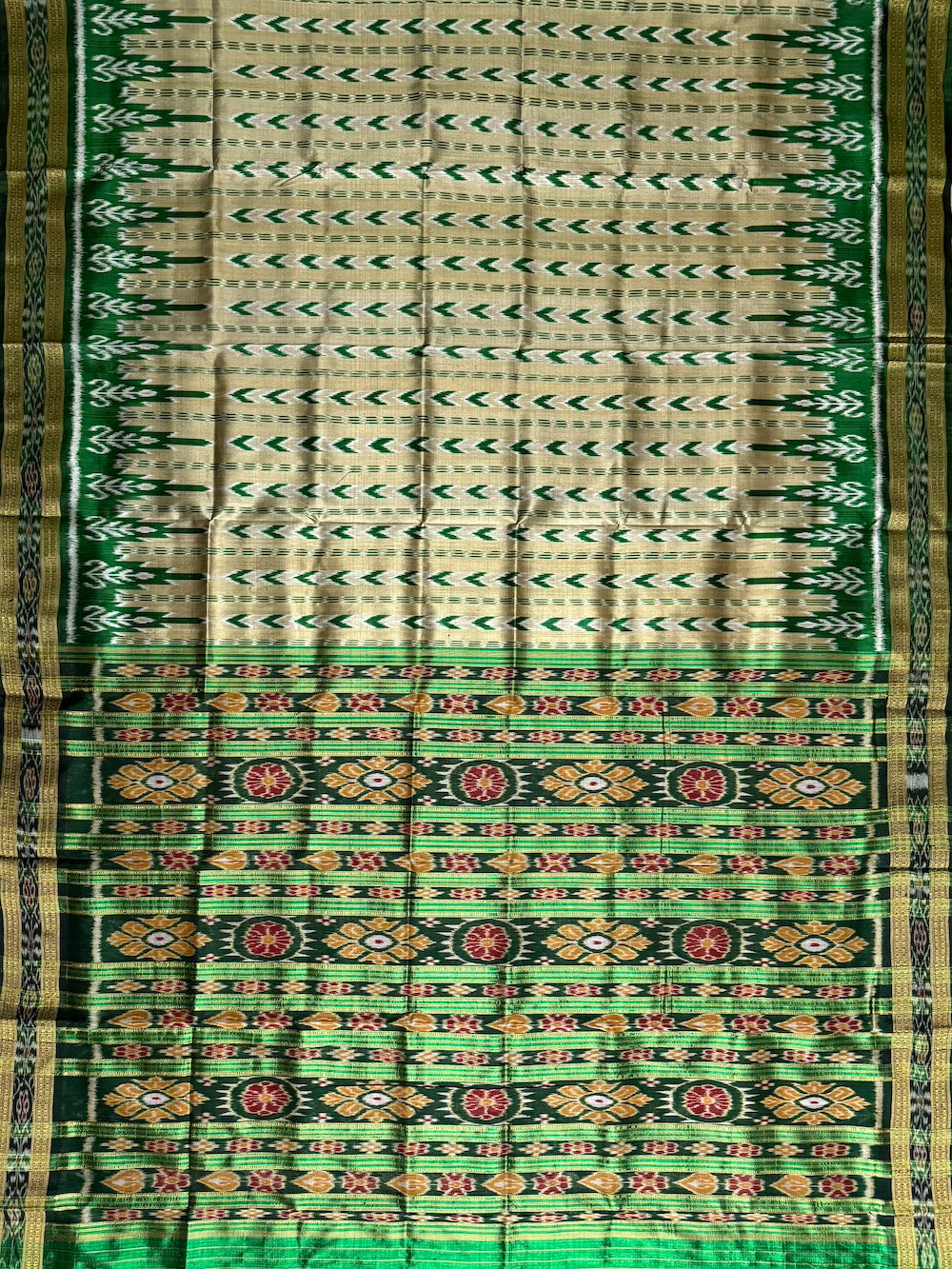 Beige and Green Pure Silk Handloom Khandua Patta Saree