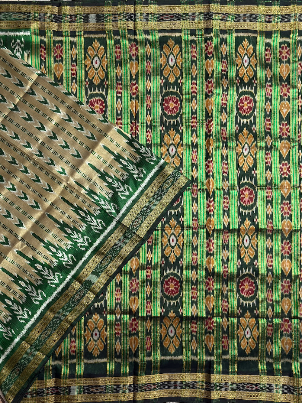 Beige and Green Pure Silk Handloom Khandua Patta Saree