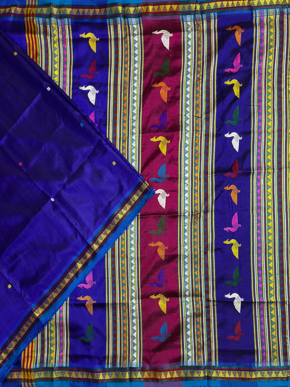 Royal Blue Dongria Triangle Pattern Anchal Pure Silk Handloom Khandua Patta Saree
