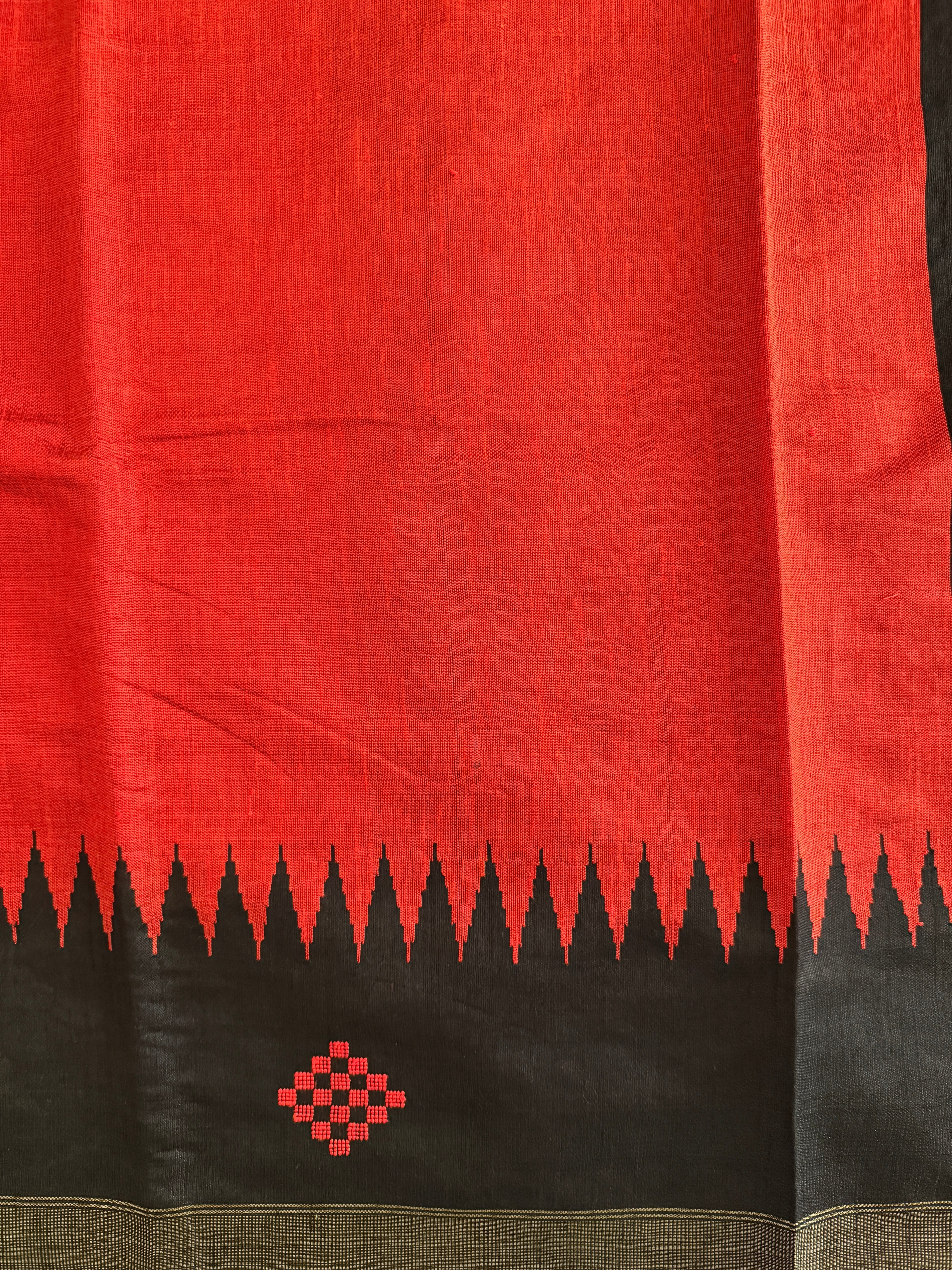 Red and Black Raw Silk Handloom Saree With Square Pattern Border