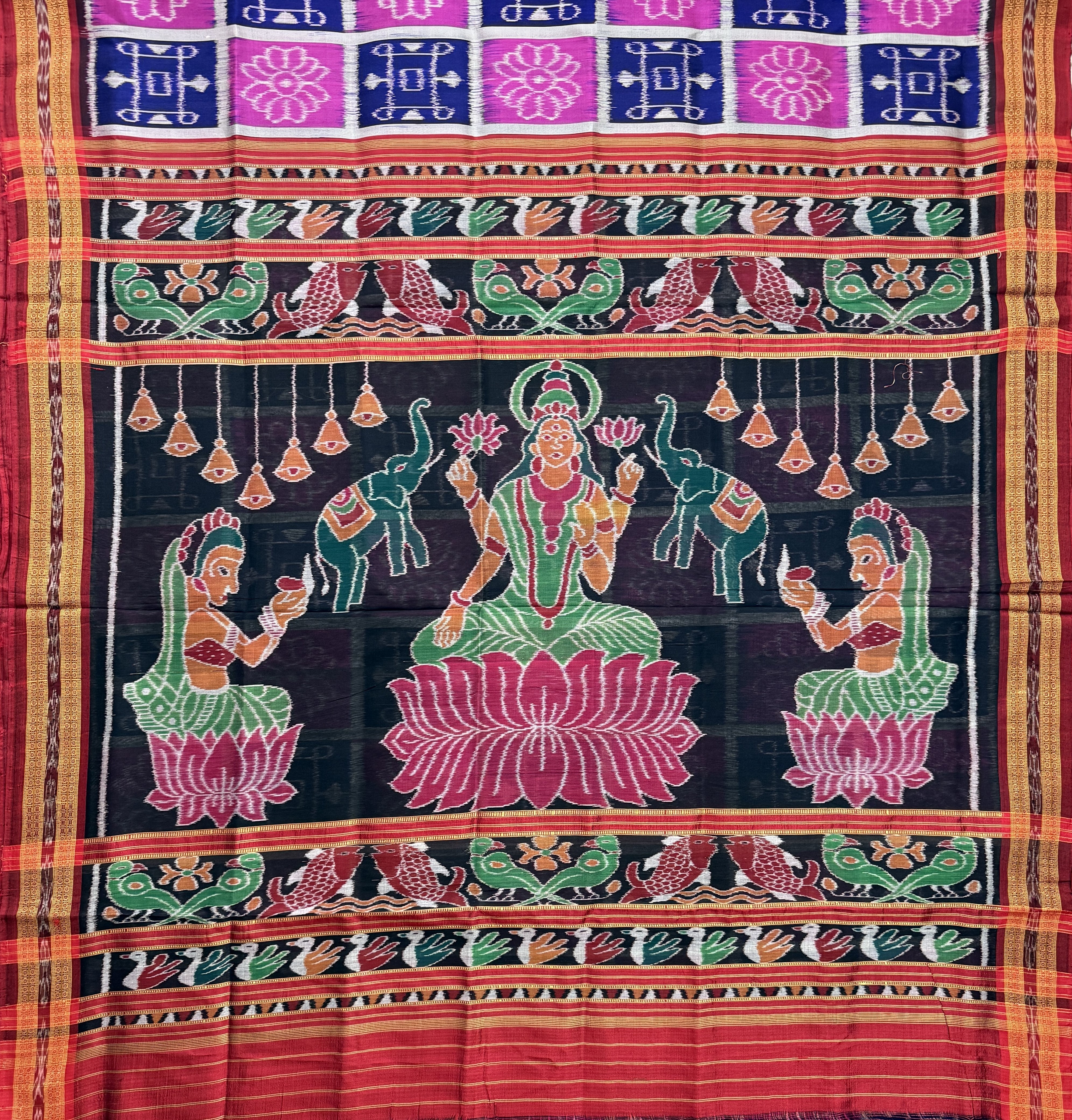 Pink and Blue Pure Silk Handloom Khandua Patta Saree with Goddess Laxmi Motifs