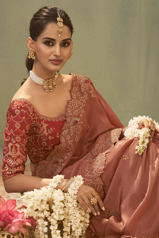 Adoring Peach Fancy Silk Embroidery Work Saree With Designer Blouse Piece