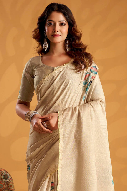 Desiring Beige Digital Printed Tussar Silk Saree With Murmurous Blouse Piece