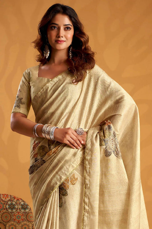 Nebula Dark Beige Digital Printed Tussar Silk Saree With Lustrous Blouse Piece