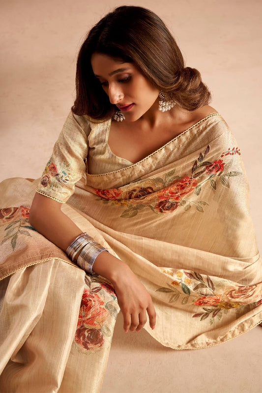 Prominent Light Brown Digital Printed Tussar Silk Saree With Profuse Blouse Piece