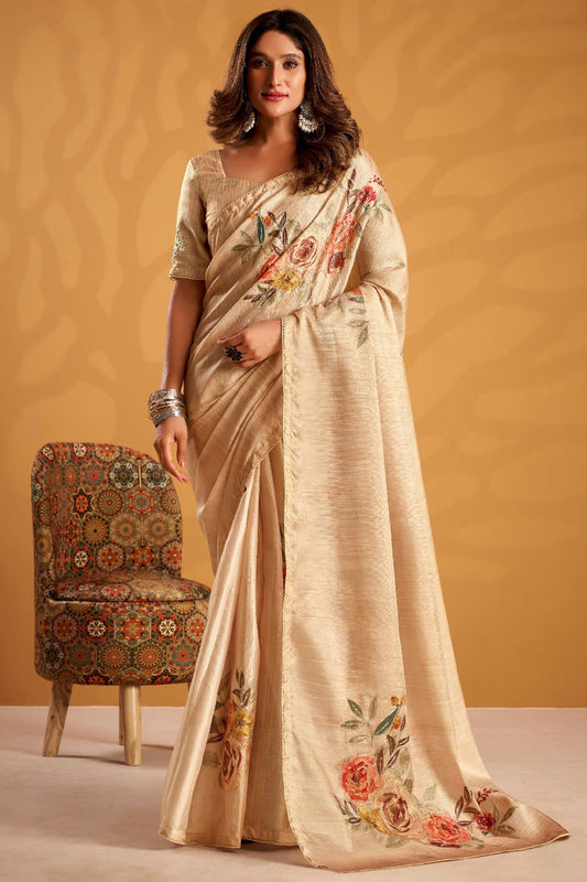 Prominent Light Brown Digital Printed Tussar Silk Saree With Profuse Blouse Piece