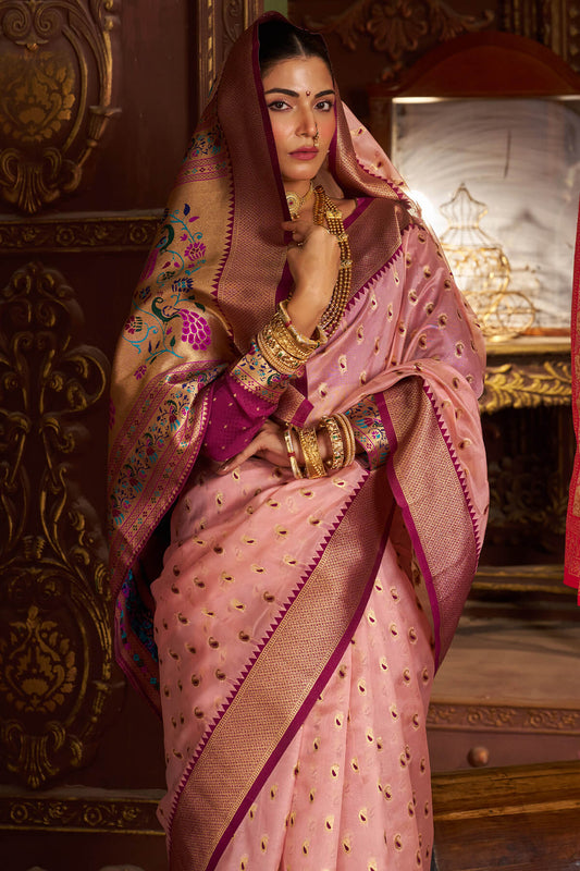 Stylish Baby Pink Organza Paithani Silk Saree With Piquant Blouse Piece
