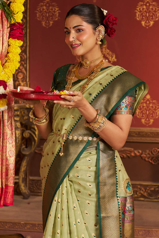 Excellent Pista Organza Paithani Silk Saree With Exceptional Blouse Piece