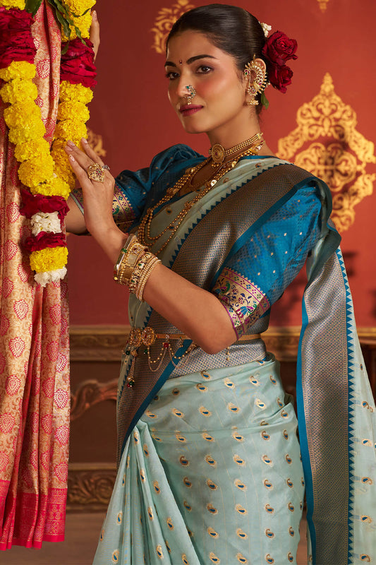 Invaluable Sky Organza Paithani Silk Saree With Chatoyant Blouse Piece