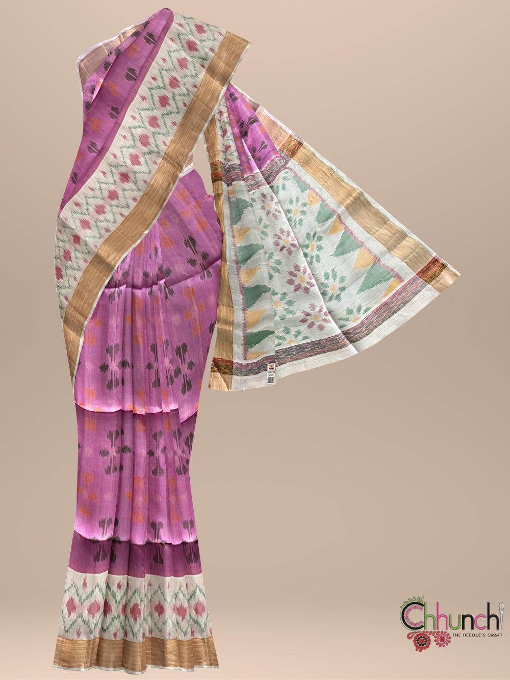 Lavender and White Ikkat Pattern Pure Soft Silk Handloom Saree