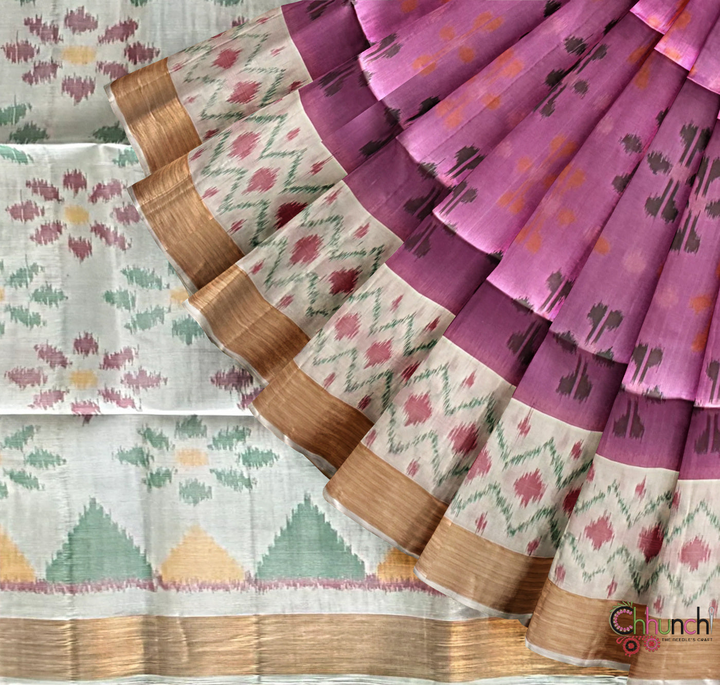 Lavender and White Ikkat Pattern Pure Soft Silk Handloom Saree