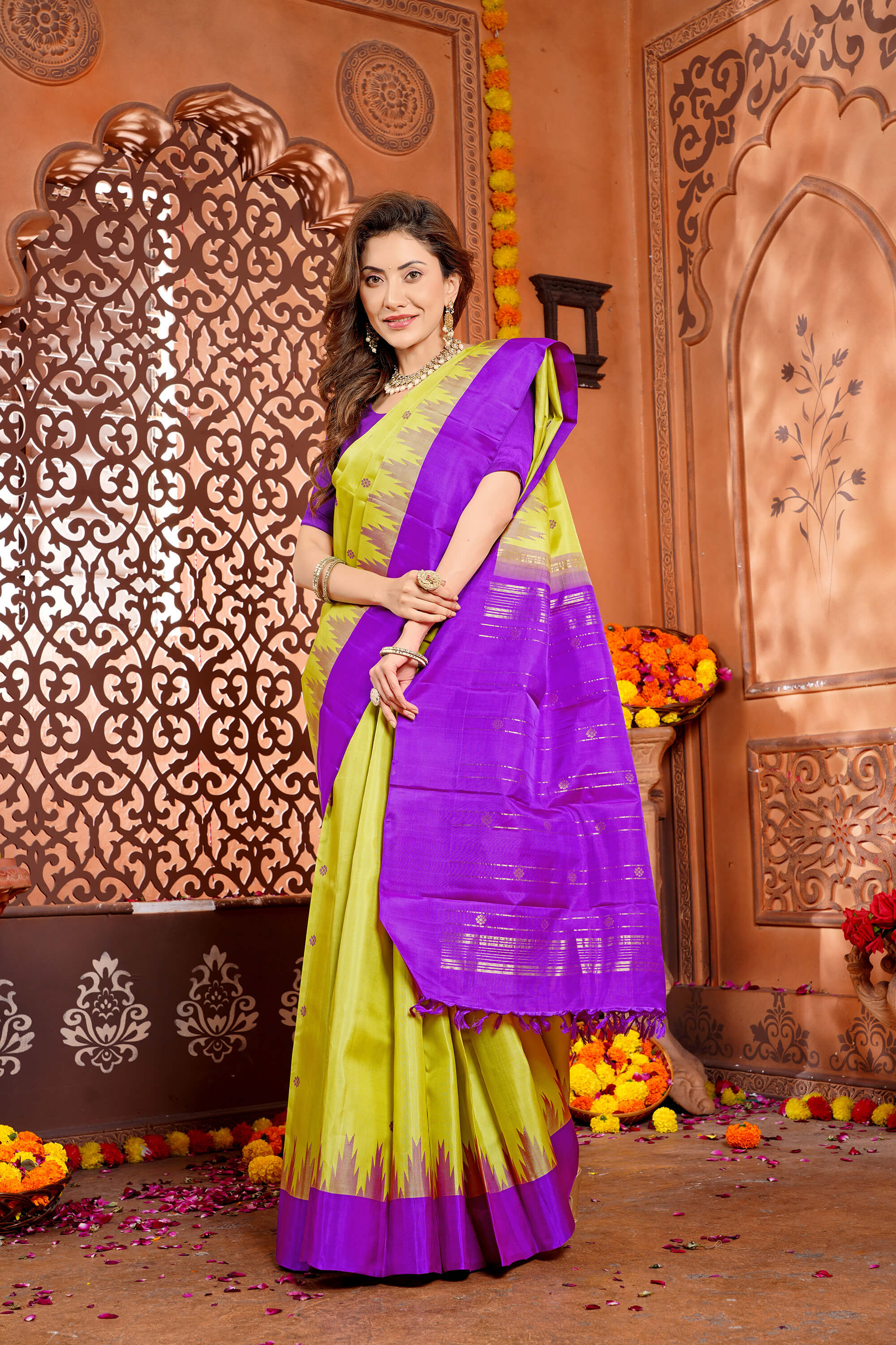 Lemon Yellow and Magenta Pure Silk Kanjivaram Handloom Saree with Small Buttas and Temple Border