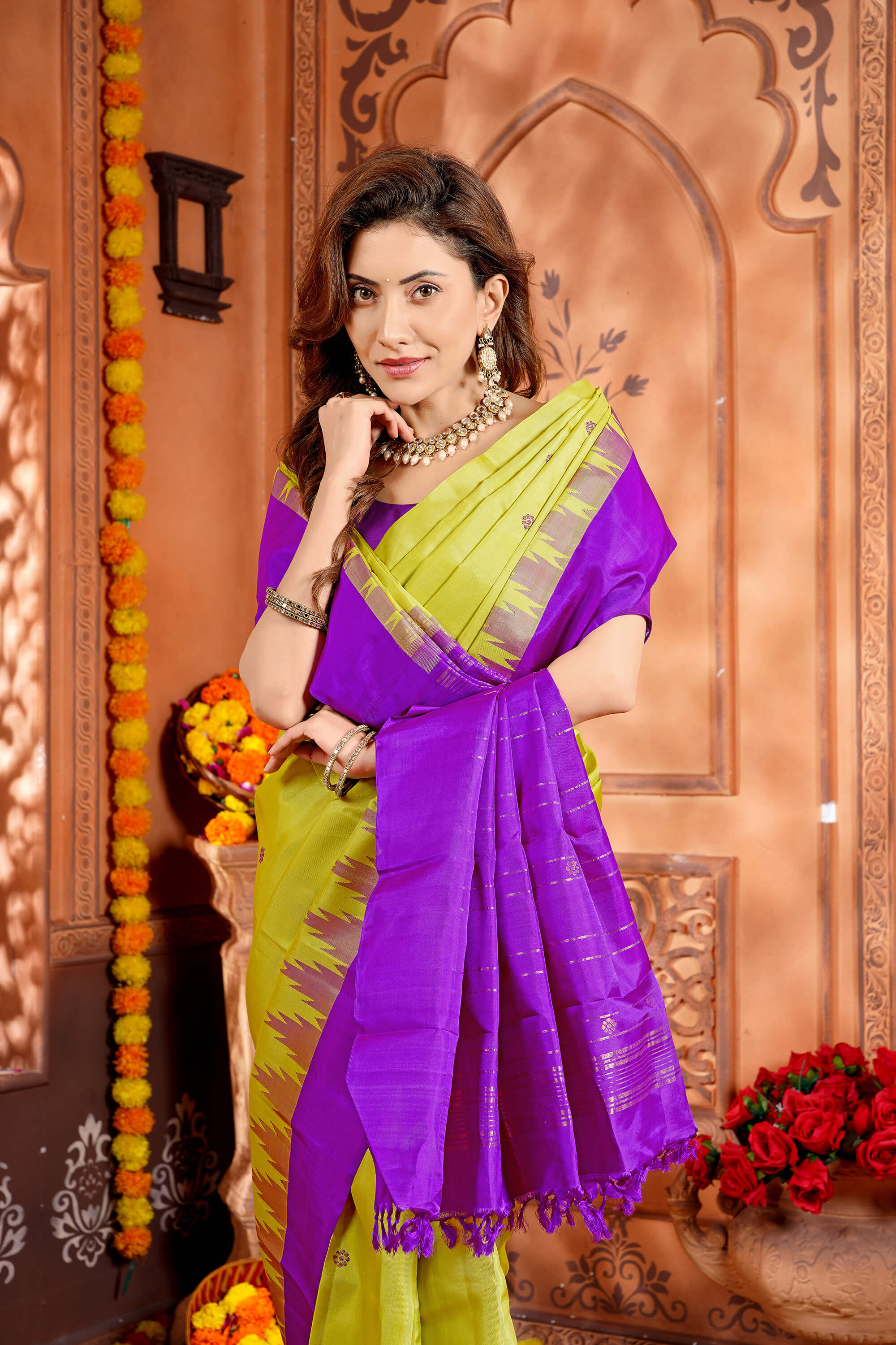 Lemon Yellow and Magenta Pure Silk Kanjivaram Handloom Saree with Small Buttas and Temple Border