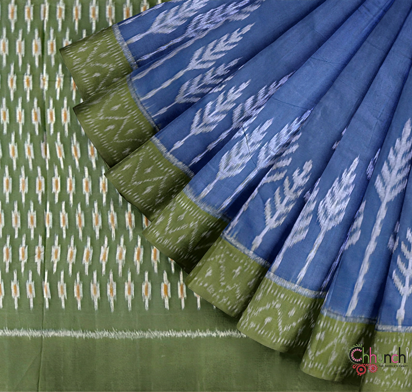Sky Blue and Green Pochampally Mercerised Cotton Handloom Saree in Ikkat Pattern