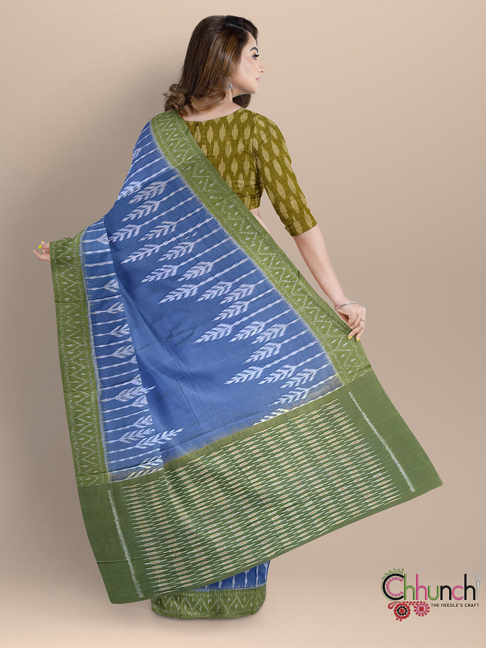 Sky Blue and Green Pochampally Mercerised Cotton Handloom Saree in Ikkat Pattern