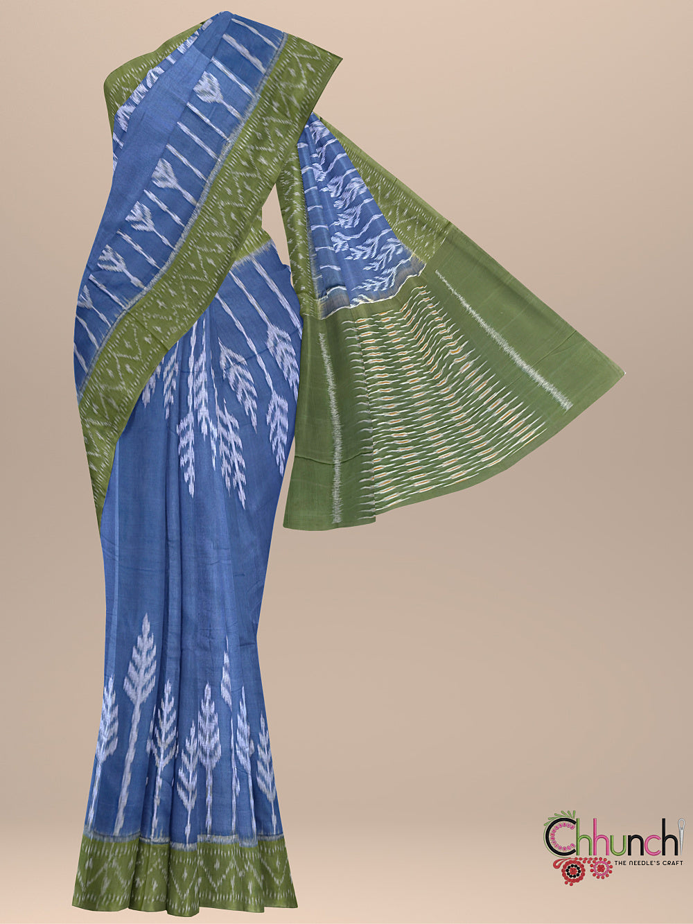 Sky Blue and Green Pochampally Mercerised Cotton Handloom Saree in Ikkat Pattern