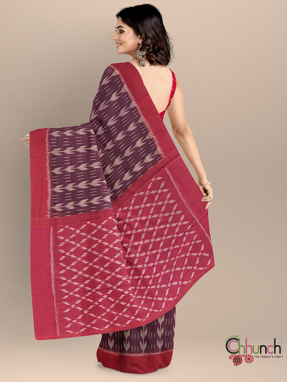 Maroon Pochampally Mercerised Cotton Handloom Saree in Ikkat Pattern