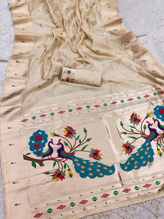 Appealing Beige Paithani Silk Saree With Elision Blouse Piece
