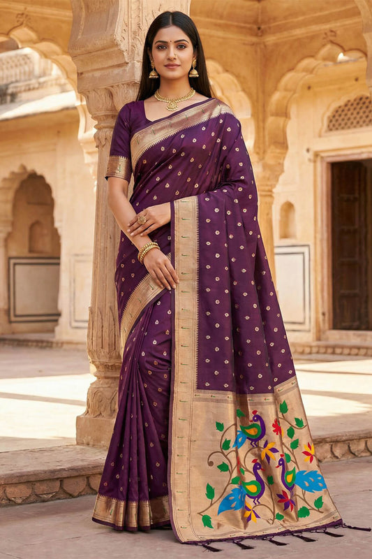 Vestigial Wine Paithani Silk Saree With Devastating Blouse Piece