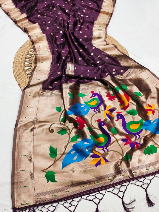 Vestigial Wine Paithani Silk Saree With Devastating Blouse Piece
