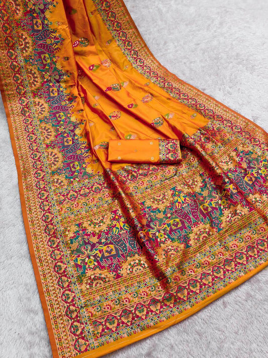 Preferable Orange Pashmina Silk Saree With Dalliance Blouse Piece